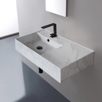 Bathroom Sink Marble Design Ceramic Wall Mounted or Vessel Sink With Counter Space Scarabeo 5115-F